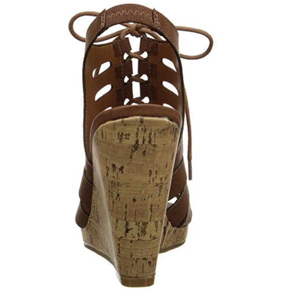 Cognac LaceUp Laser Cut Cork Platform Wedge Sandal - Picture 4 of 8